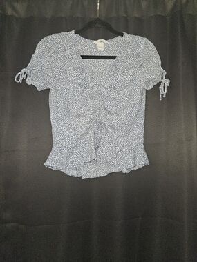 H&M Light Blue Floral Ruched Tie-Sleeve Blouse